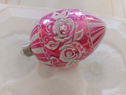 Retro üvegdísz régi tojás rózsaszín festett virágos függeszthető dísztojás