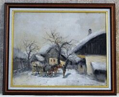 The work of the painter György Német (1888 - 1962). Rural winter atmosphere with a cart. Original, signed.