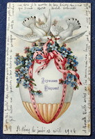 Antik Húsvéti üdvözlő litho képeslap díszes tojás nefelejcs galambok bronzpasztával szalag
