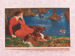 Old postcard 1915 art postcard lady dog