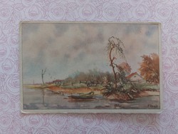 Old postcard art postcard landscape with boat on lake