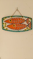 Retro kerámia kép halas kézzel festett színes vidám