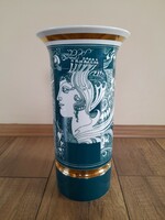 Ritka zöld hollóházi Szász Endre porcelán váza 30 cm.