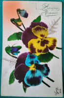Antik színezett virágos üdvözlő képeslap, árvácska