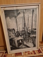 No. Lajos Gyenes - Venice - Giudecca island harbor atmosphere etching 46x64 cm