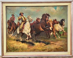 Painter János Baukó (1936– ) painting foals herding stallions 92x72cm with original guarantee!