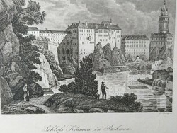 Krumau kastély a cseh Bohemiában.. Eredeti acelmetszet ca.1835