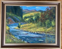 Mountain stream. Atmospheric oil painting.