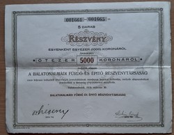Balatonalmádi Fürdő és Építő Rt., 5 részvény, 5000 korona 1924