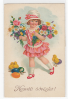 Húsvéti képeslap kislány virág csokorral és csibével 1931