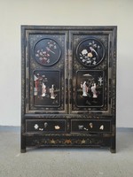 Antique Chinese furniture plant geisha bird grease stone convex inlaid painted black lacquer cabinet 725 6860