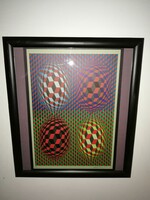 Victor Vasarely, gyönyörű, nagyméretű, színes absztrakt szitanyomat, keretezett, és ritka.