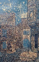 Evening in the city - cozy colorful linocut - street scene