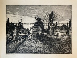 István Imre: landscape of Györö - etching