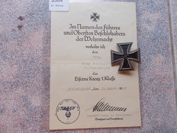 Ww2, iron cross i. Class mit tanusitvány certificate