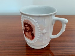 Antik porcelán bögre Krisztus mintás szecessziós régi csésze