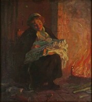 1M158 xx. Century painter: nursing mother in front of a fireplace