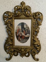 Beautiful antique wrought iron frame with needle goblet holy image inside.