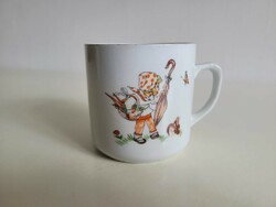 Régi Zsolnay porcelán bögre mese mintás teás csésze kislány mókus béka lepke
