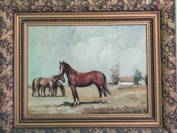 Grazing horses in the lowlands oil painting in a beautiful frame