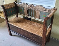 Painted folk horse, wooden chest with arms, chest of arms, bench with armrests, bench with storage
