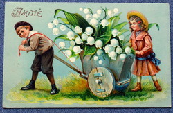 Antik  üdvözlő képeslap  kisleány kisfiú gyöngyvirág szállító kordé