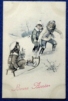 Antik Vienne stílusú grafikus Újévi üdvözlő  képeslap szánkózó gyerekek