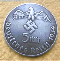 German Empire 5 reischmark nickel with sour stick 1934 t1 r