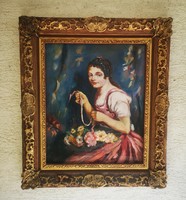 Bendéné Kovacsev Friderika fiatal lány virágcsokorral portré festmény,Glatz Oszkár,Csók István mest