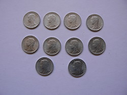 10 pieces of 5 pence, 1964. A verdant coin collection in one