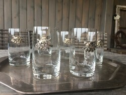 6 thin glass glasses with hunting metal overlay - 1 damaged