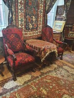 A pair of Neo-Renaissance armchairs upholstered with a truly special unique carpet. You won't find anything like it :-)