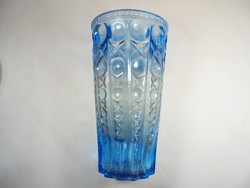 Retro old glass vase with blue convex pattern, 19 cm high