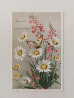 Régi virágos képeslap levelezőlap mezeivirág lepke