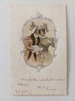 Old postcard litho postcard 1900 ladies in silver embossed frame