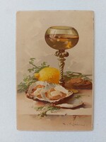 Old postcard postcard table still life oysters with lemon and wine