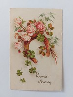 Old New Year's card 1934 postcard rose clover horseshoe