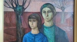 Miklós Somos: woman and daughter 60 x 80 cm painting, oil on canvas, original old gallery frame