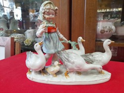 German, Germany Grafenthal, hand-painted porcelain figurine of a little girl herding geese.