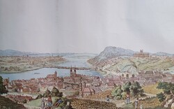 Kilátás Buda és Pest városára - régi színezett rézkarc - Bécs, Artaria Compl munkája