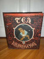 ​antik nagyméretű tea fémdoboz pléhdoboz 33cm teásdoboz