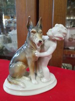 Német,Germany Fasold & Stauch Bock Wallendorf Gyerek Kutyával Porcelán Figura.