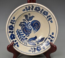 Antique Transylvanian Korund blue earthenware plate with rooster. Symptomatic.