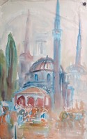 Akvarell utcakép (49x31 cm) Törökország, Hagia Sophia?
