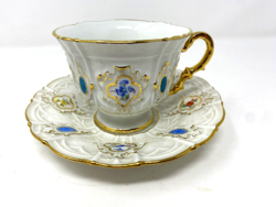 Antik Meissen kézzel festett virágos díszítésű aranyozott hibátlan porcelán teás csésze aljjal  -CZ