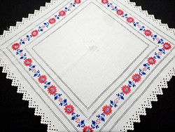 Very old, azure embroidered table cloth with a rare palóc pattern, 70 x 70 cm
