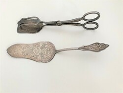 Antique silver-plated cake spatula and cake tongs in a pair