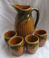 Retro glazed ceramic wine set, 4 glasses + jug, 19.5 cm high