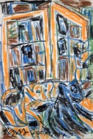 Csepeli Németh Miklós : Lakótelepi idill nagy kék macskával - pasztellkép 2001-ből