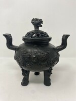 Különleges vintage kínai keleti sárkányos öntöttvas vas három lábú fedeles füstölő tartó edény - CZ
